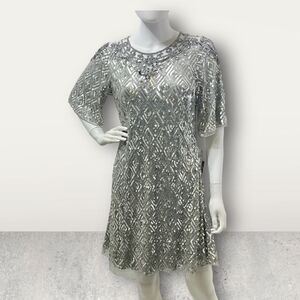 Aidan Mattox Silver Sequin Short Flowing Sleeves Dress